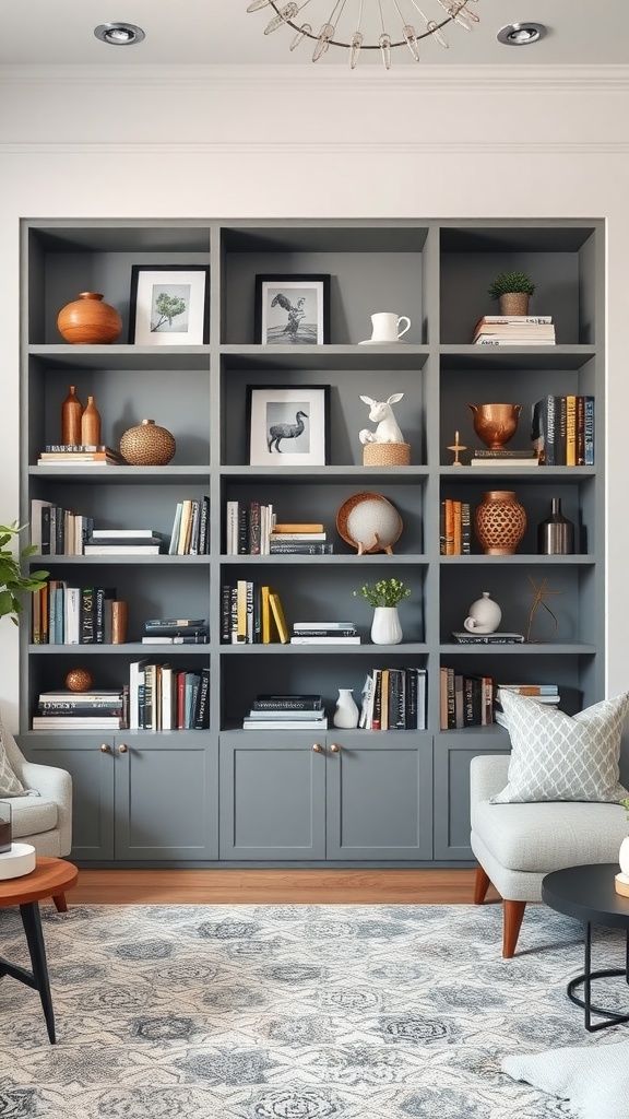 A modern grey shelving unit filled with books and decorative items.