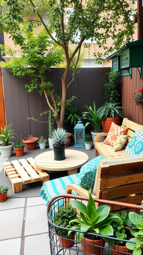 Cozy outdoor seating area with pallet furniture and plants