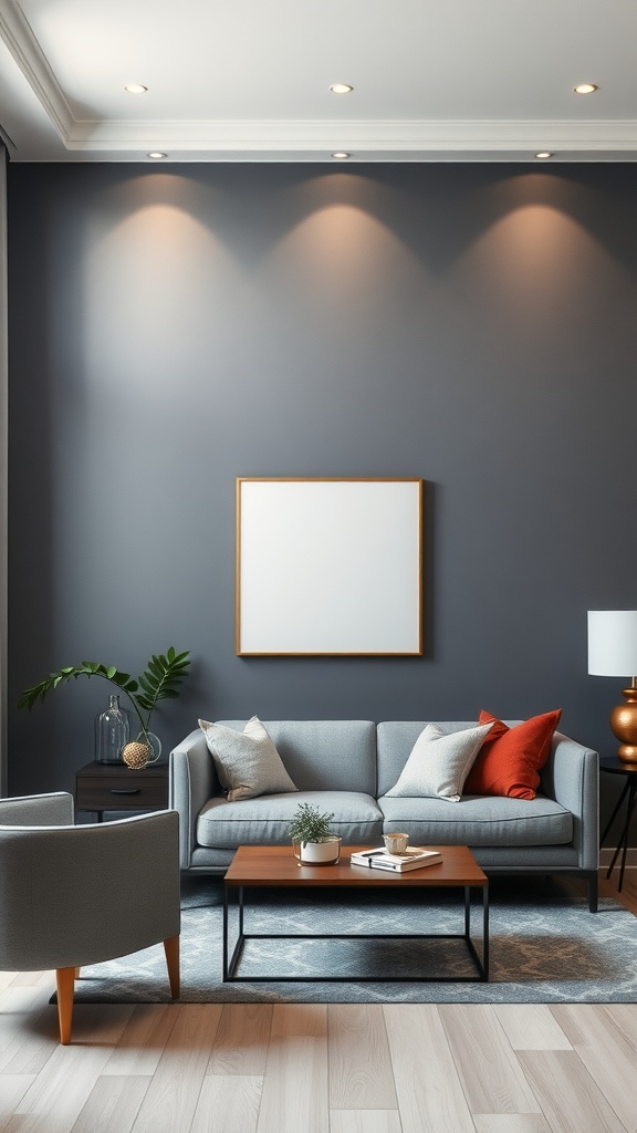 Living room with grey accent wall and beige furniture