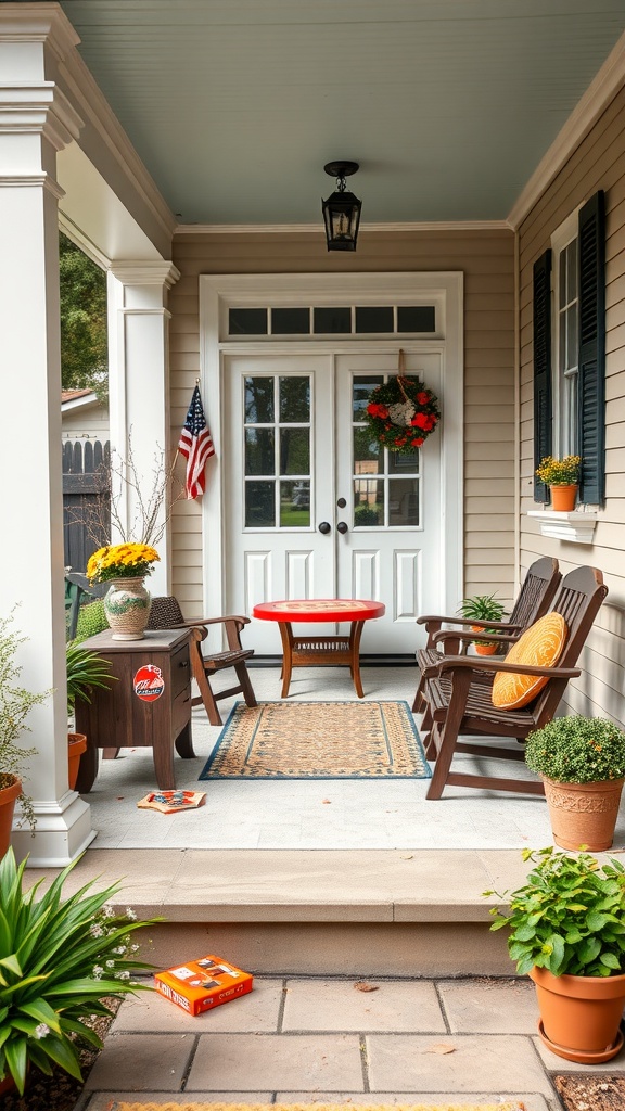 A welcoming front porch with chairs, a table, and plants, perfect for family games.