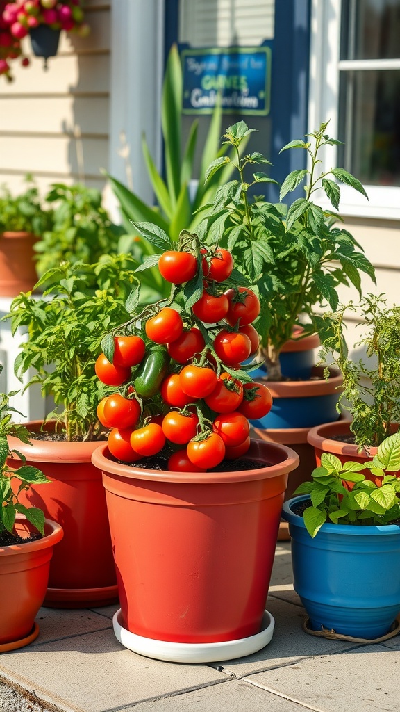 Container garden with tomatoes and peppers in colorful pots.