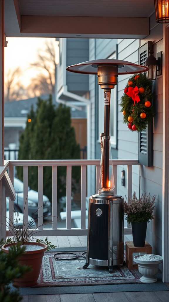 A modern patio heater on a front porch decorated for the holidays.