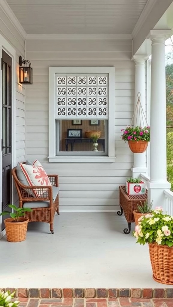 A cozy front porch with wicker furniture, potted plants, and decorative storage solutions.