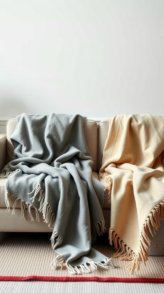 A beige throw blanket and a grey throw blanket draped over a light-colored couch.