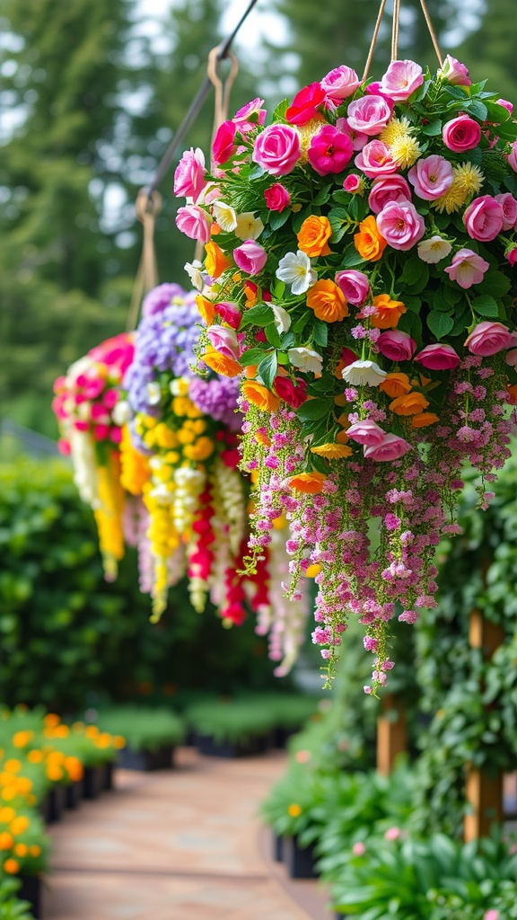 A vibrant display of hanging baskets filled with colorful flowers.