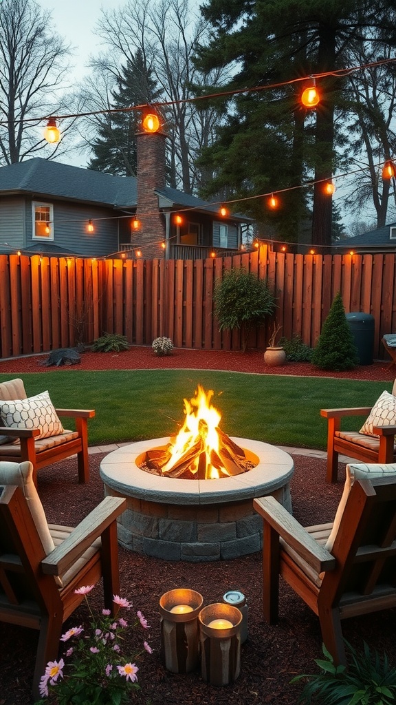 A cozy backyard with a stone fire pit, wooden chairs, and string lights creating a warm atmosphere.