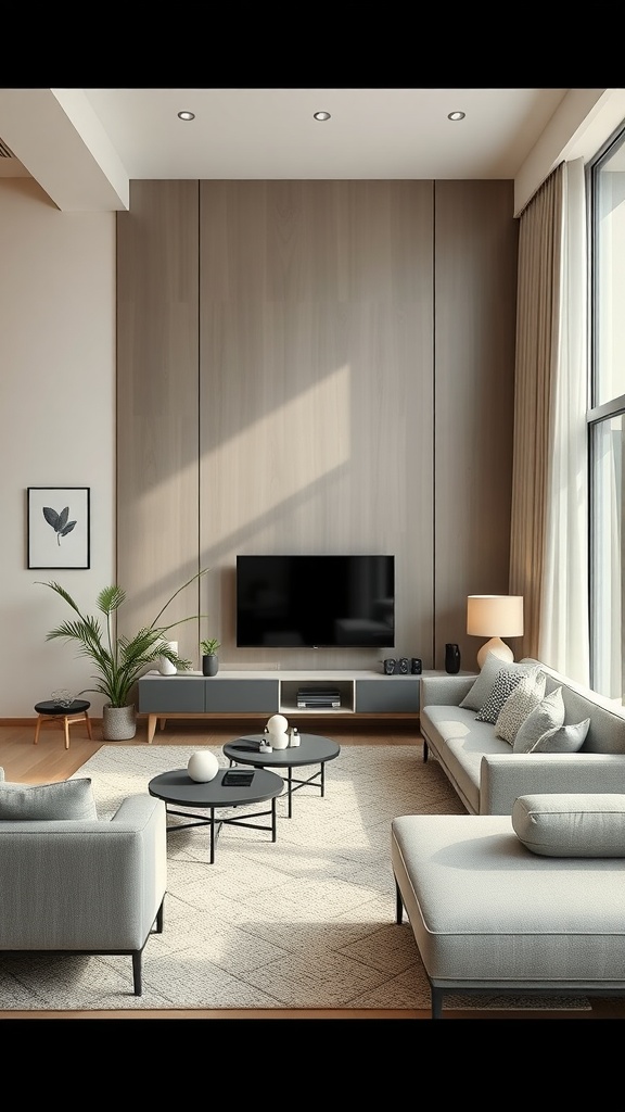 A modern beige and grey living room featuring integrated technology like a wall-mounted TV and smart lighting.