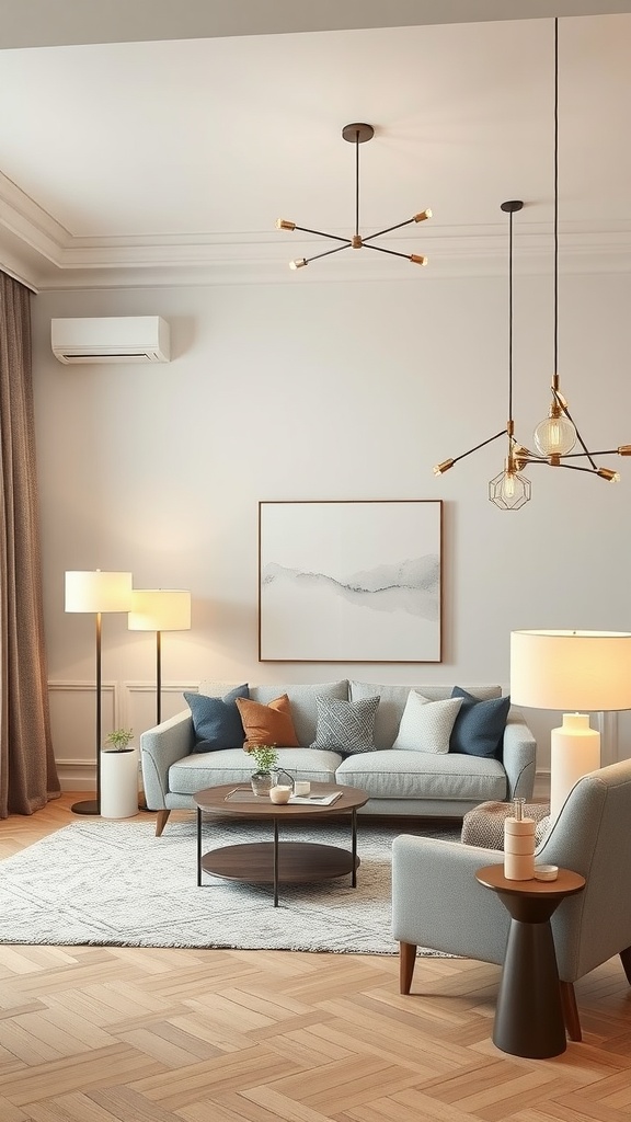 A beige and grey living room featuring layered lighting designs with floor lamps and pendant lights.