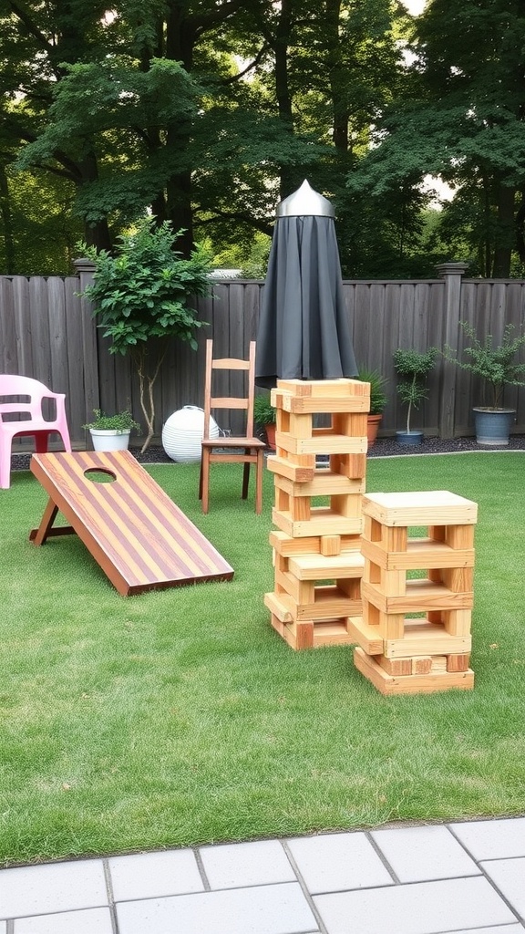 Backyard setup featuring a bean bag toss game and wooden stacking blocks on a green lawn.