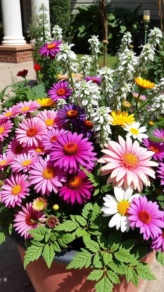 A vibrant display of mixed perennial flowers in a pot, featuring daisies and colorful blooms.