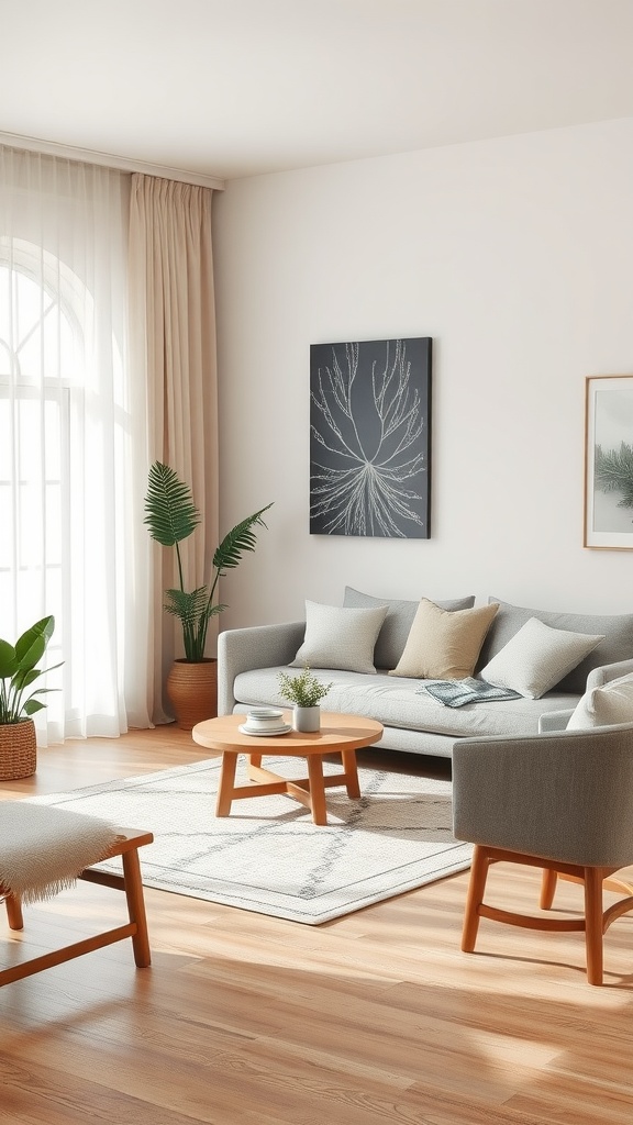 Cozy beige and grey living room with plants and wooden furniture.