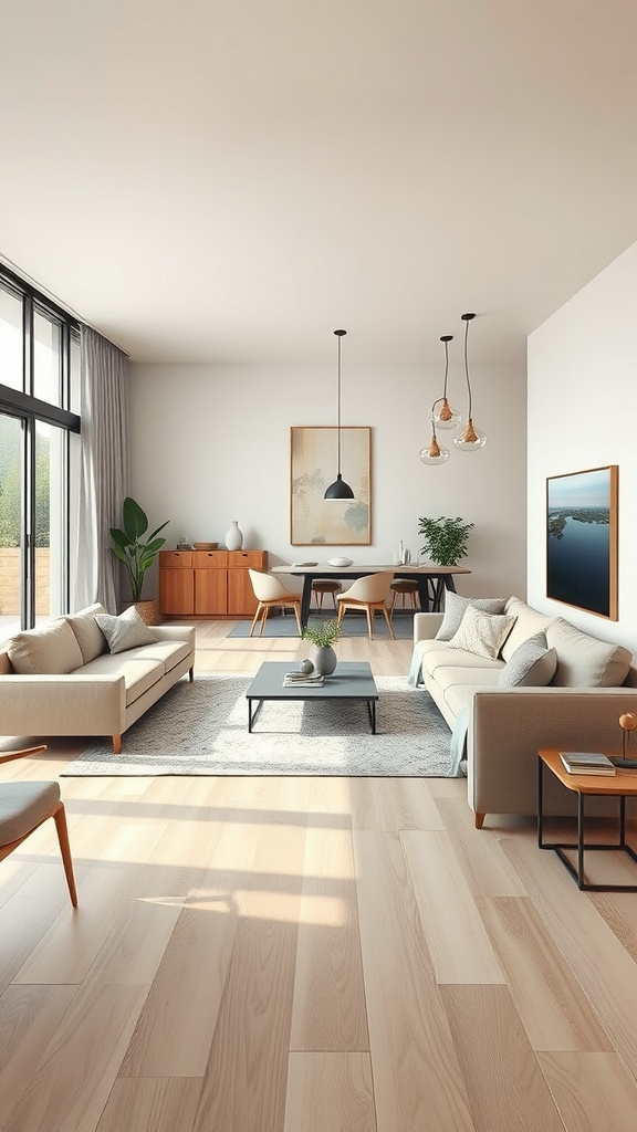 A spacious living room with beige and grey decor, featuring a large window, wooden furniture, and a neutral color palette.