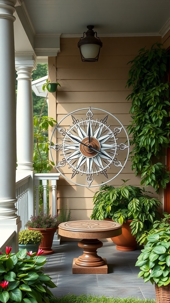 An artistic statue on a front porch surrounded by plants and flowers.