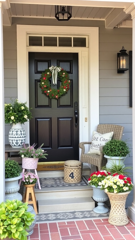 A front porch featuring a black door with a wreath, welcome signs, and potted plants.