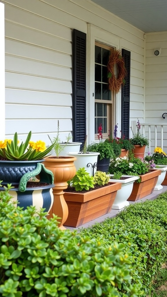 Colorful planter box designs on a front porch with various plants.