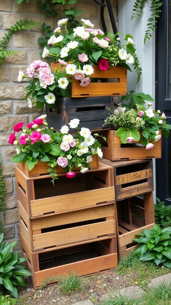 Colorful flowers in repurposed wooden crates arranged in a garden