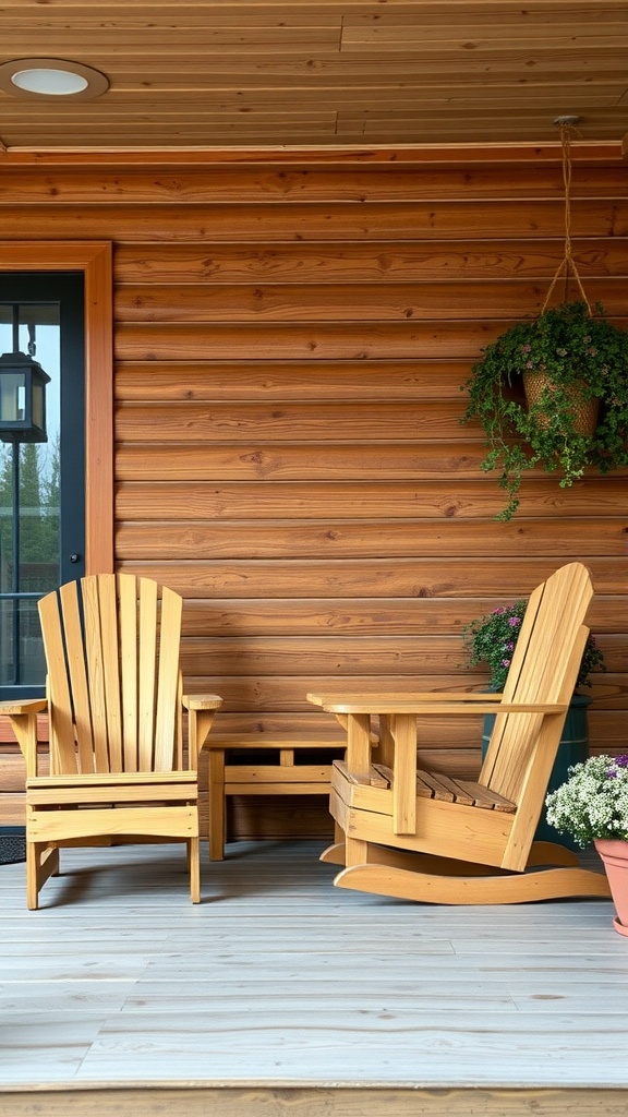 A cozy front porch featuring rustic wooden chairs and potted flowers