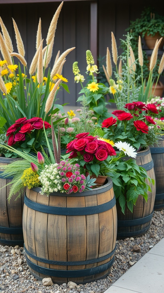 Colorful flowers blooming in wooden barrels.