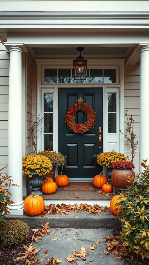 A beautifully decorated front porch for fall with pumpkins and flowers