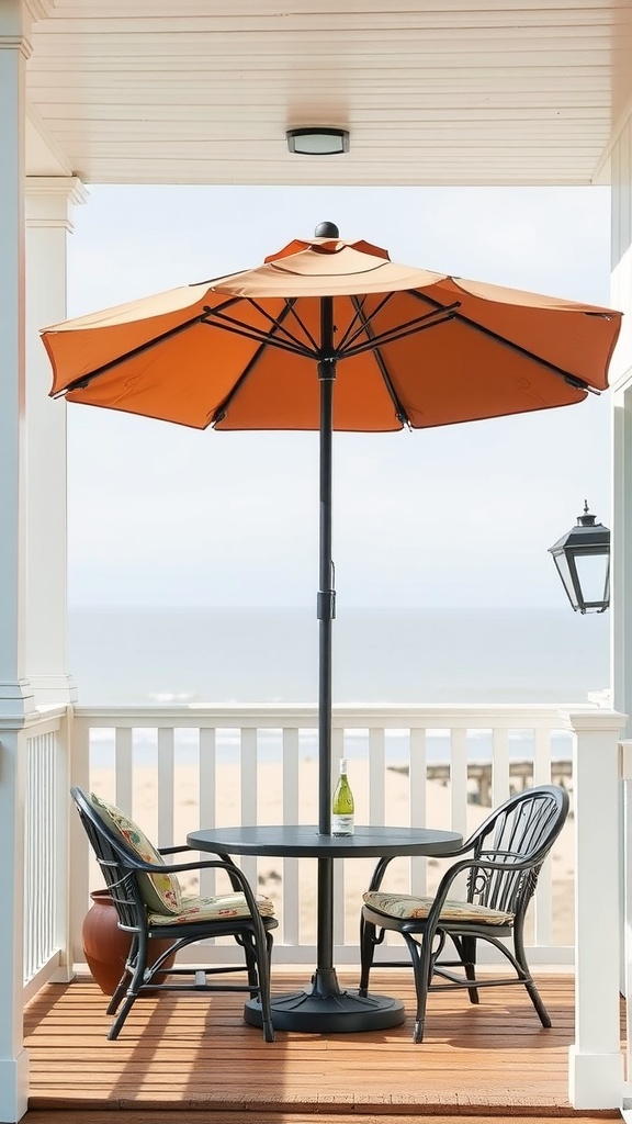 A stylish outdoor porch with an orange umbrella, round table, and two chairs, overlooking a beach.