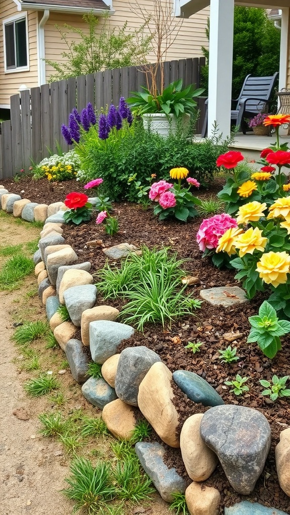 A flower bed bordered with various stones, featuring colorful flowers and green plants.