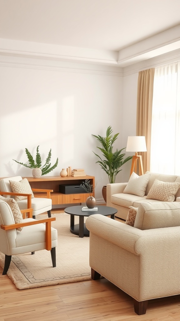 A cozy living room featuring soft beige upholstery, wooden accents, and greenery.
