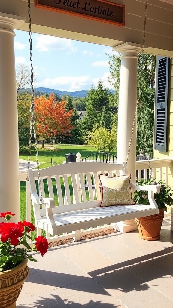 A charming white porch swing surrounded by colorful flowers on a sunny porch.
