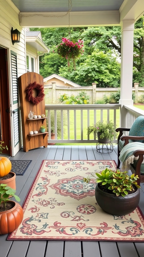 Stylish rug on a front porch with plants and decorations