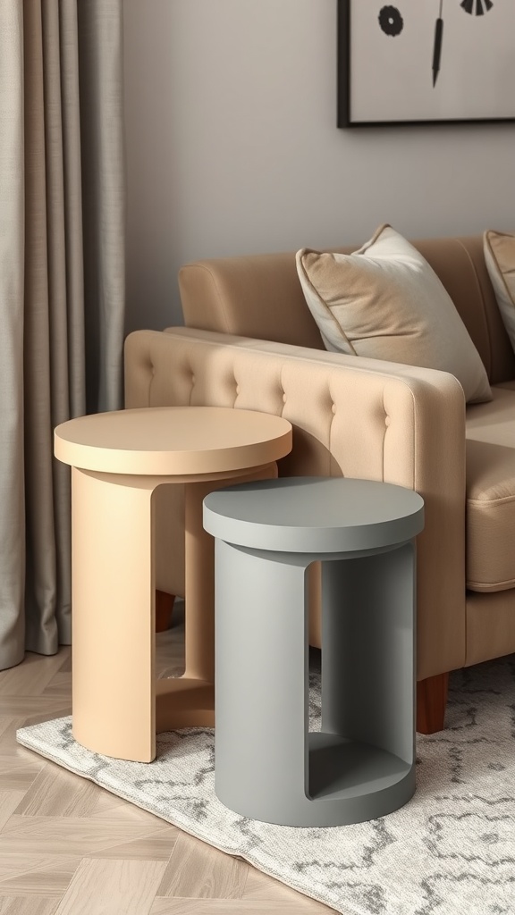 Two stylish side tables next to a beige couch, featuring a light wood and grey top with decorative elements.