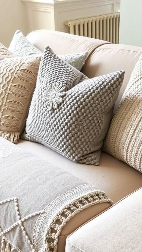 A grey couch adorned with various textured throw pillows in beige, grey, and colorful designs.