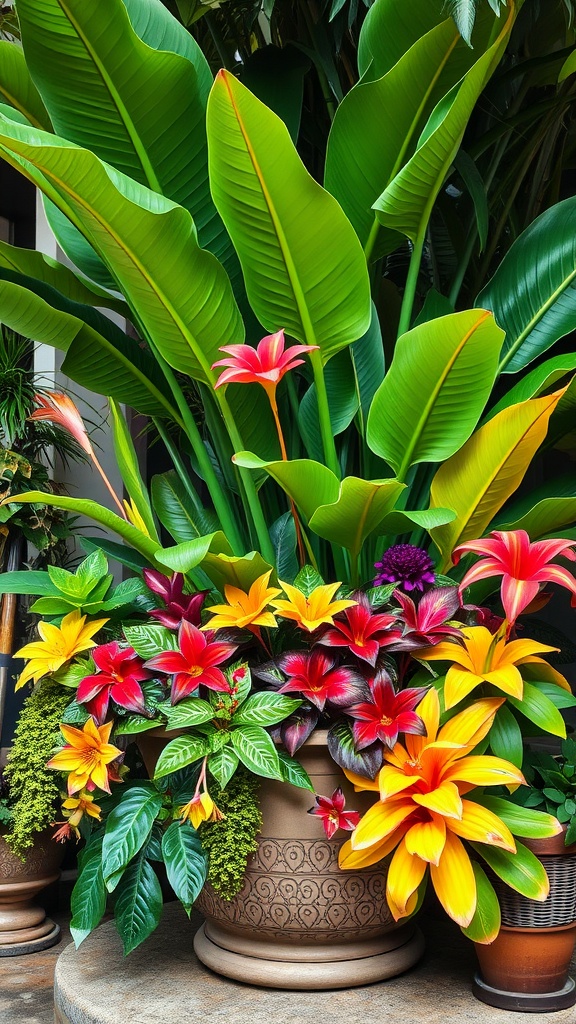 A vibrant tropical container garden with large green leaves and colorful flowers.
