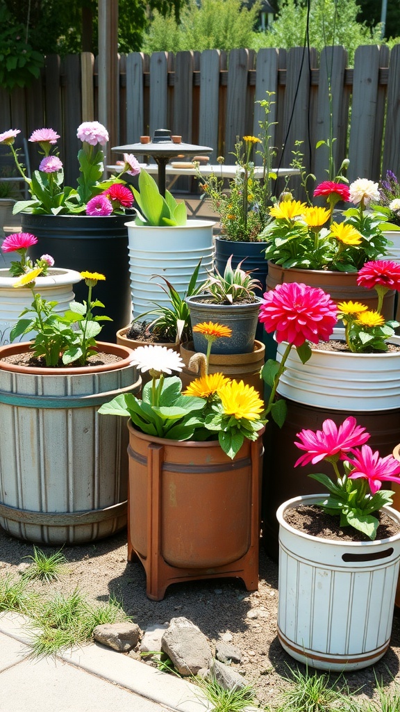 A collection of colorful flowers in upcycled planters and pots in a backyard setting.