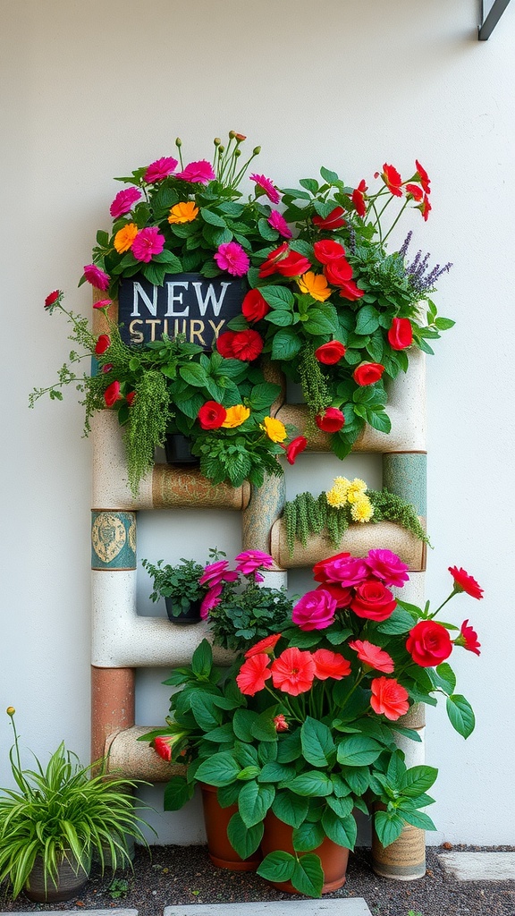Colorful vertical garden with various flowers and greenery, showcasing a DIY backyard project.