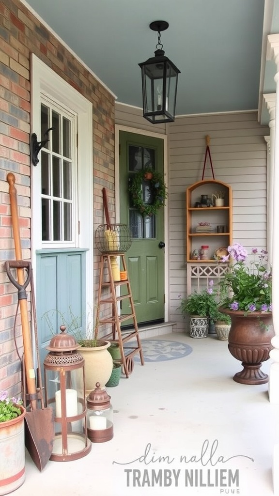 A vintage-inspired front porch with lanterns, potted plants, and rustic decorations.