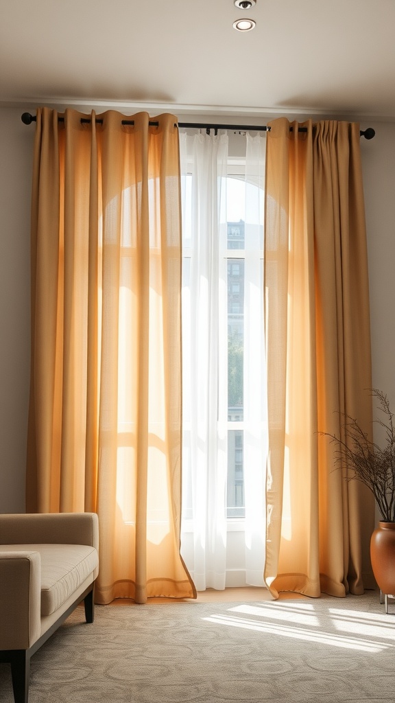 Warm beige curtains draped by a window in a living room