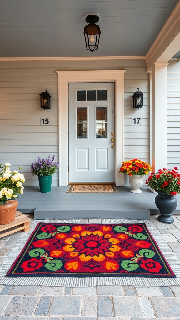 Colorful door mat on a front porch with flowers and a welcoming door.