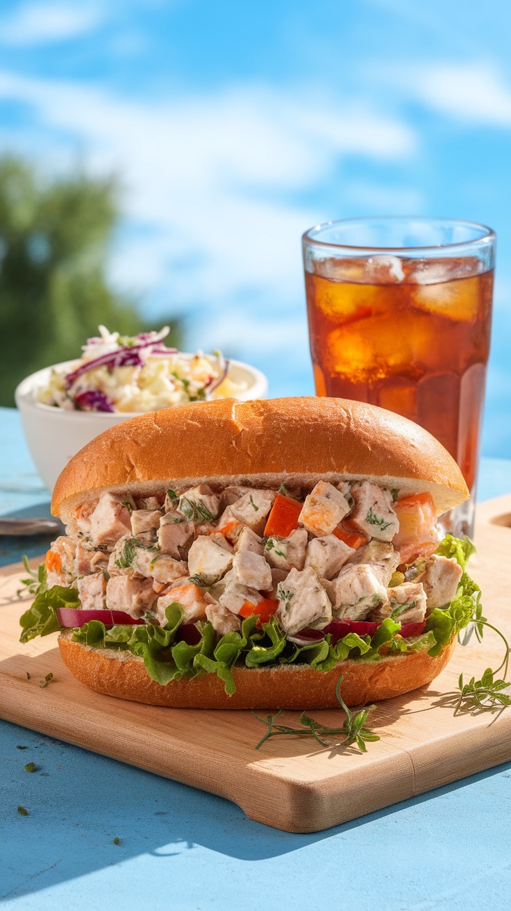 A classic chicken salad sandwich with lettuce on rustic bread, served with coleslaw and iced tea.