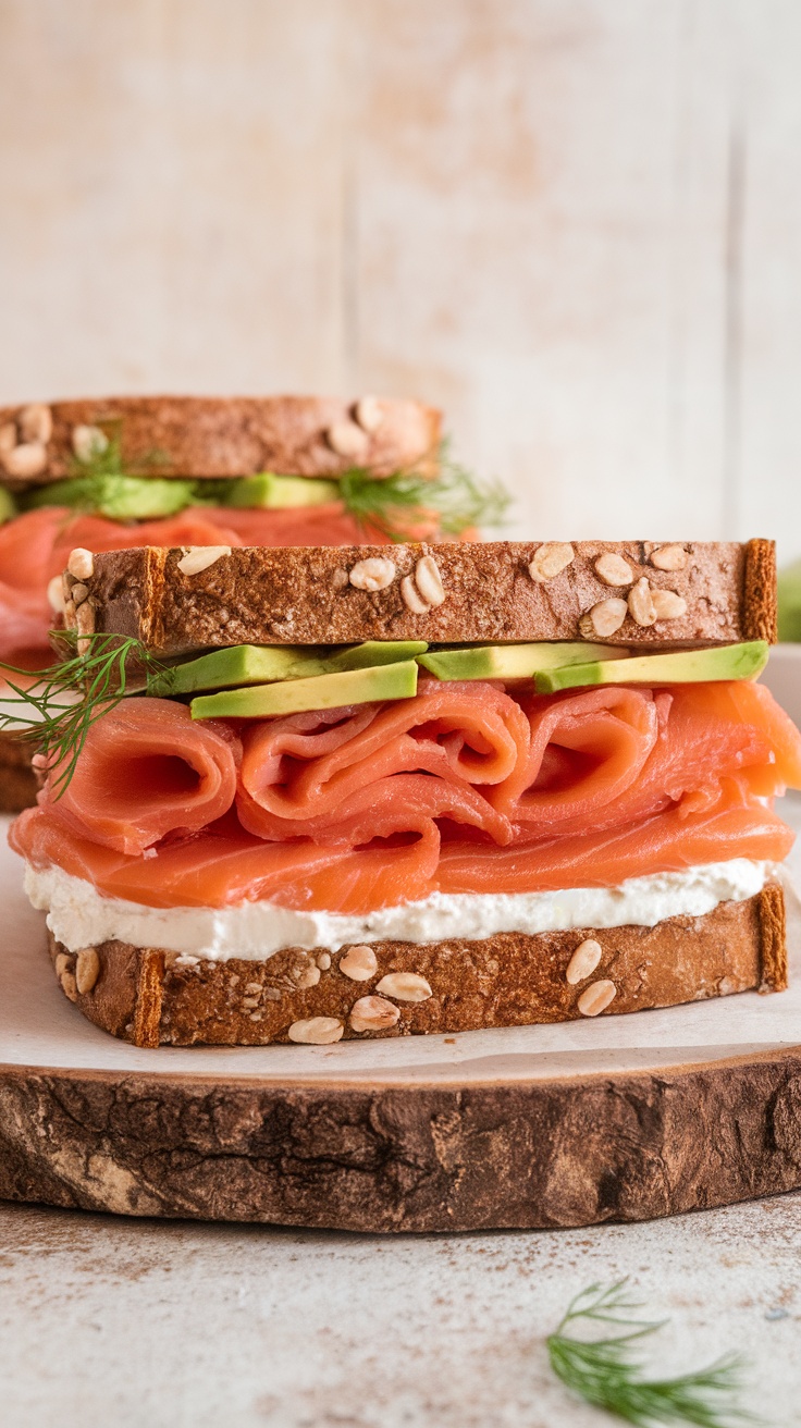 A delicious Salmon Philadelphia cheese sandwich with avocado and cucumber on whole grain bread, garnished with dill.