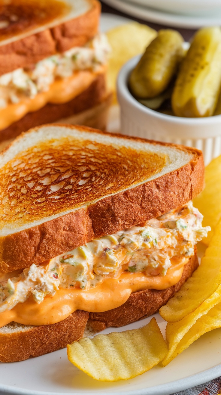 Classic Pimiento Cheese Sandwich Recipe A Pimiento Cheese Sandwich with creamy filling, served with potato chips and pickles.