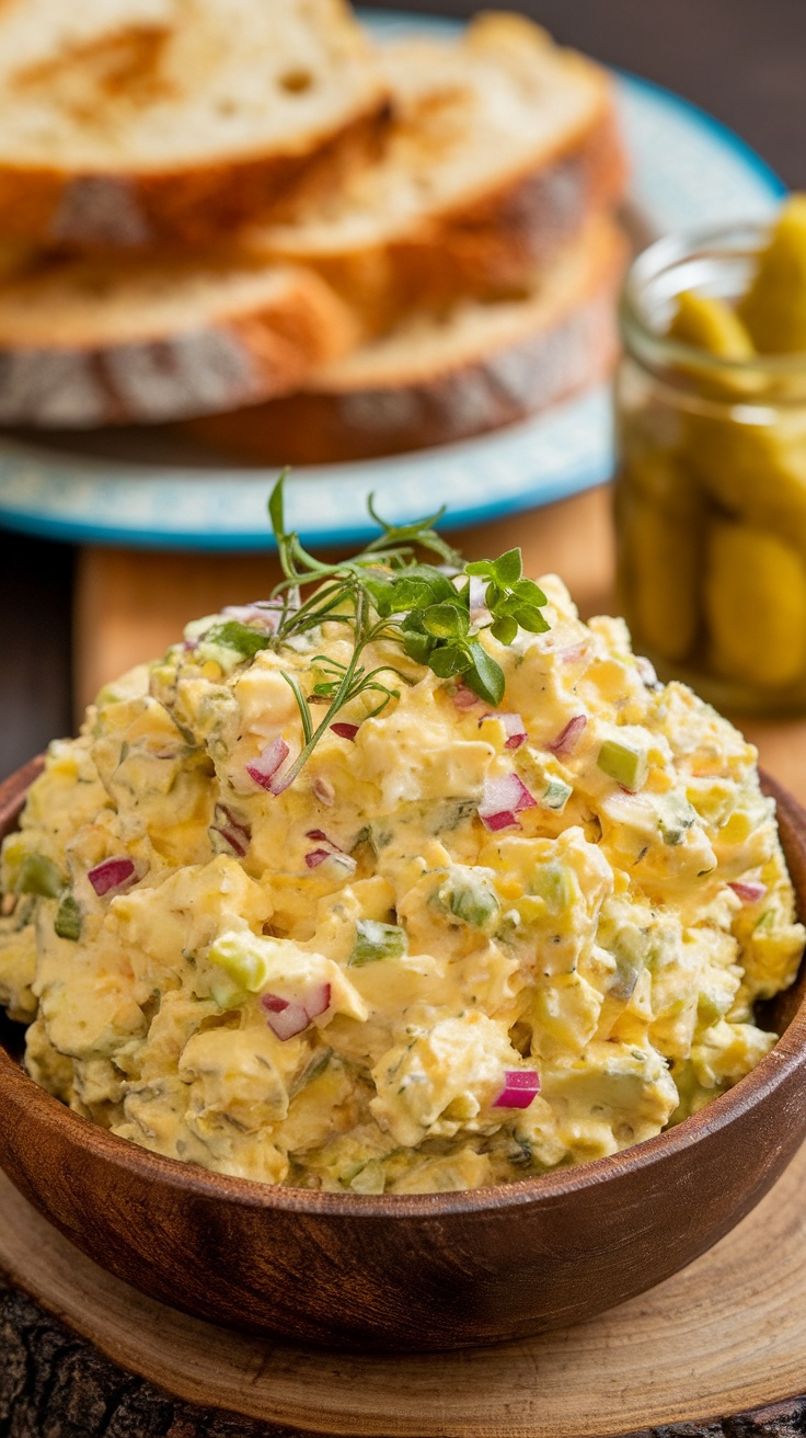 A bowl of creamy egg salad with herbs and vegetables, served with toasted bread.