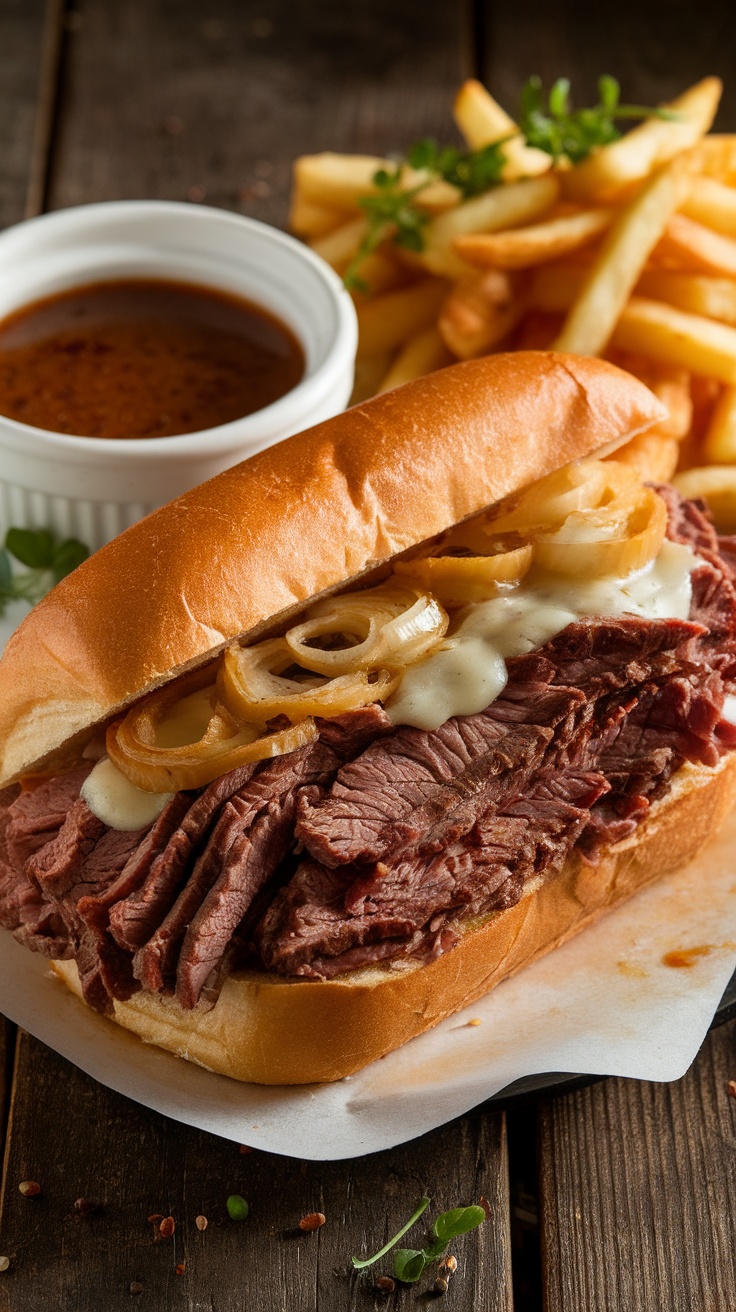 French dip sandwich with roast beef and caramelized onions, served with beef broth on a wooden table.