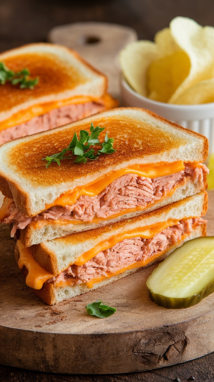 A toasted tuna melt sandwich filled with melted cheese and tuna mixture, served with pickles and chips.