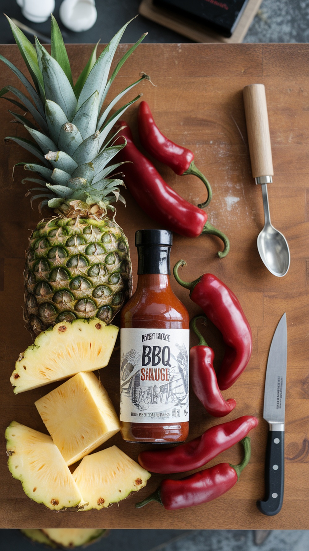 BBQ sauce ingredients including pineapple and red chili peppers on a wooden surface.