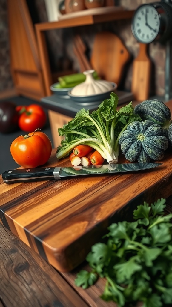 A wooden chopping board with vegetables and a knife on it.