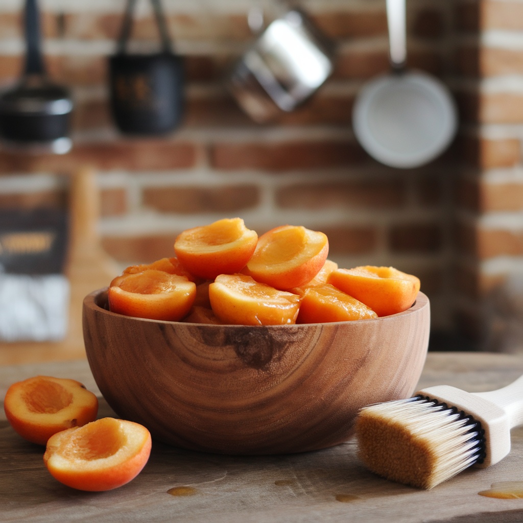 Bowl of halved apricots with a brush on a wooden table