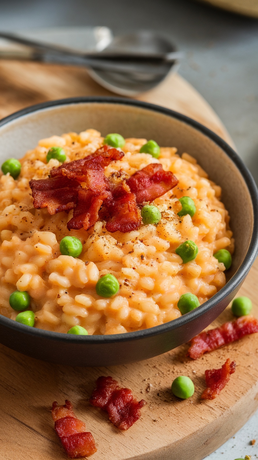 A bowl of creamy bacon and pea risotto topped with crispy bacon bits and green peas on a wooden surface.