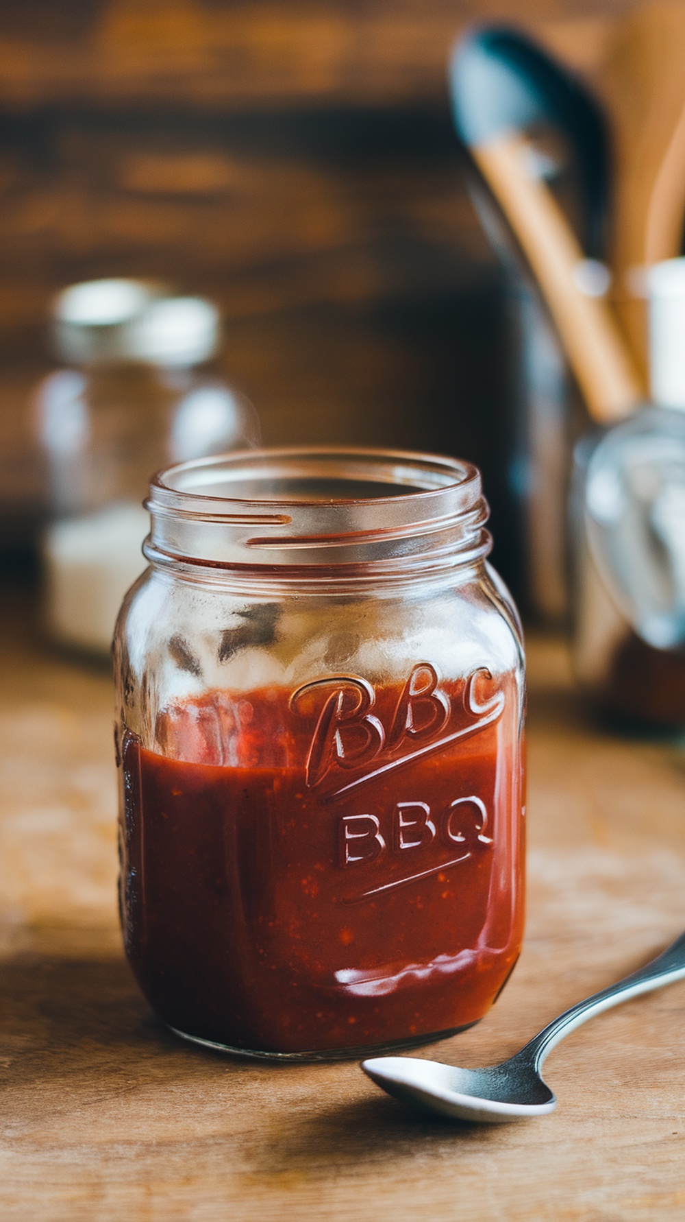 A jar of homemade BBQ sauce on a wooden surface