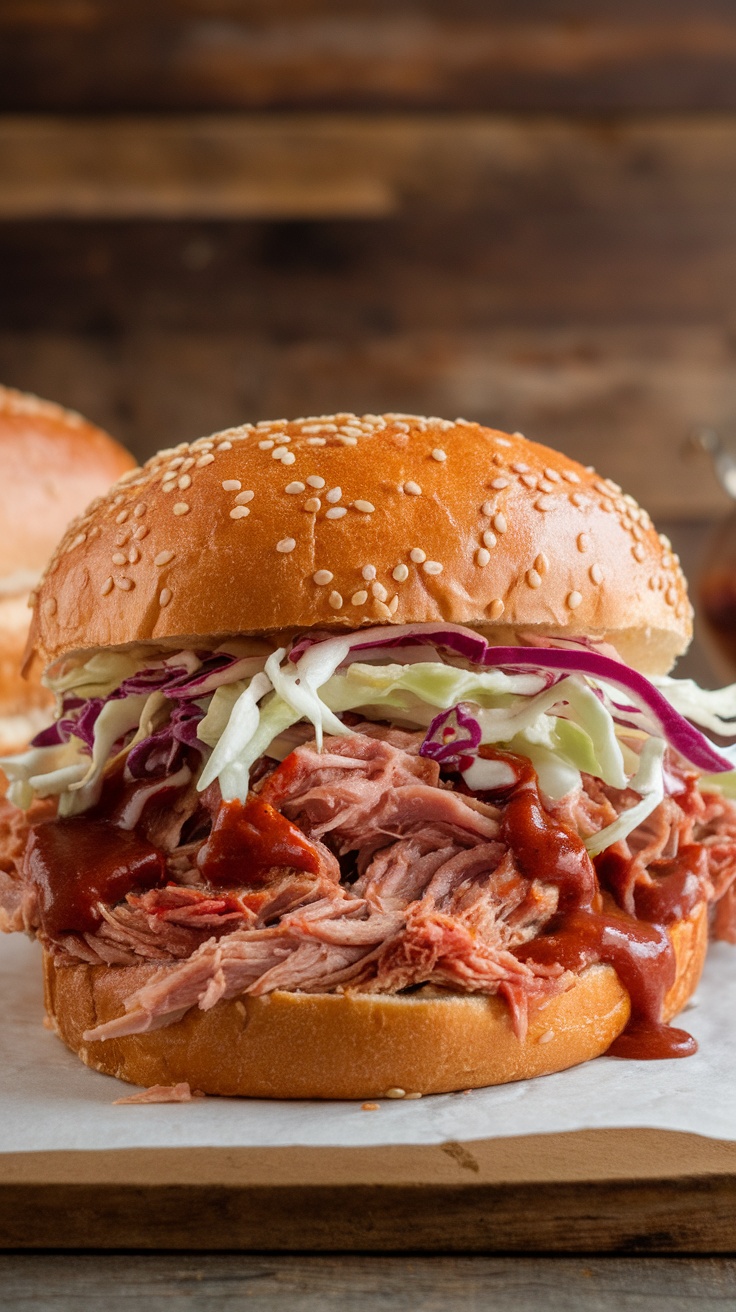 A delicious BBQ pulled pork sandwich with shredded pork, coleslaw, and barbecue sauce on a sesame seed bun.