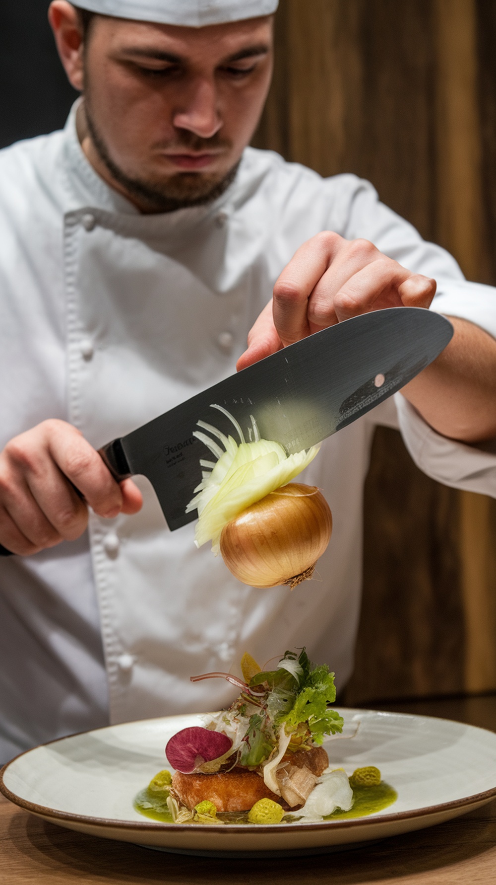 Chef demonstrating brunoise cutting technique on an onion.