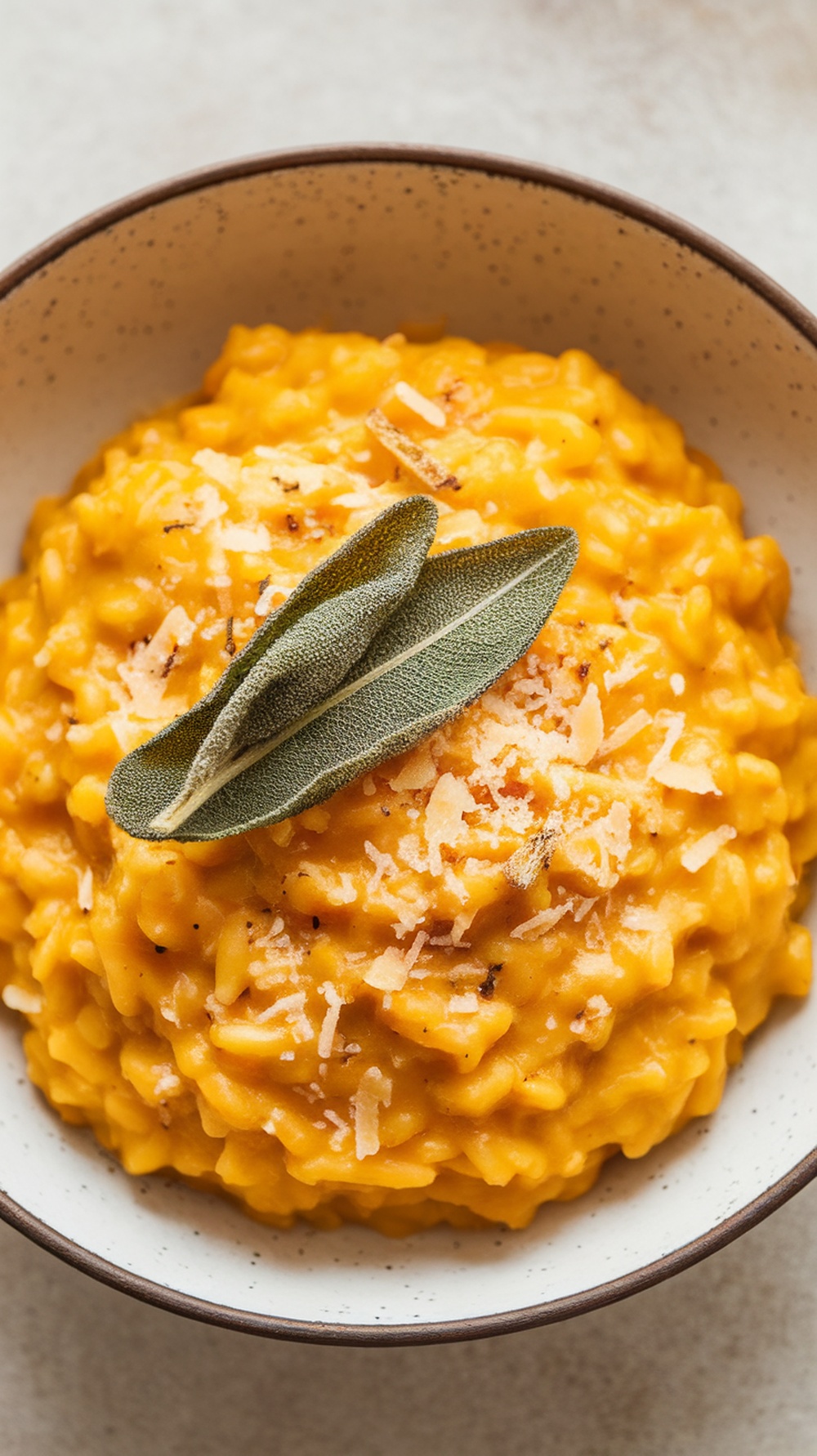 A bowl of creamy butternut squash risotto topped with sage and cheese.